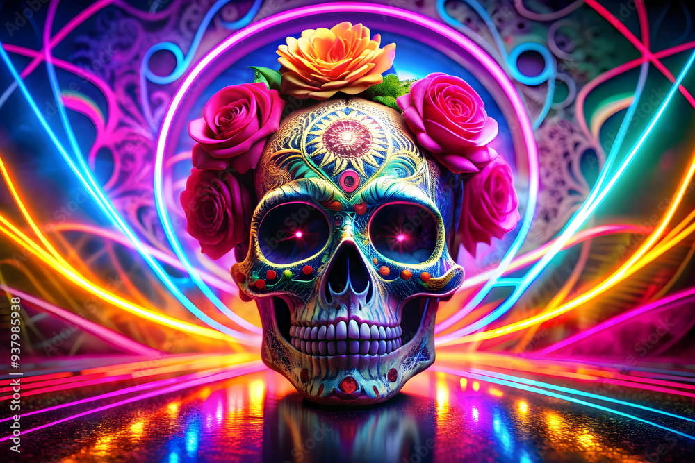 Glowing Calavera with Neon Rose in Digital Space concept as A digital artwork featuring a glowing calavera with a neon rose set against an abstract background with swirling patterns representing the f Glowing Calavera with Neon Rose in Digital Space concept as A digital artwork featuring a glowing calavera with a neon rose set against an abstract background with swirling patterns representing the f