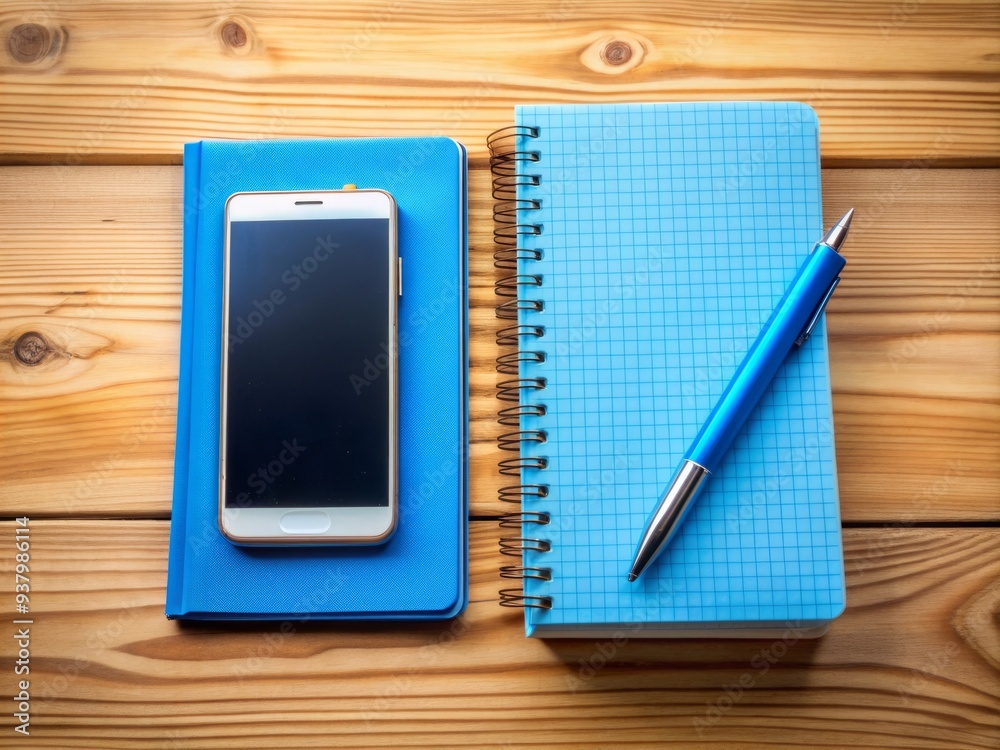Organized educational setup featuring a blue notebook, blue pen, and phone on a wooden table, ready for a productive learning session or study routine. Organized educational setup featuring a blue notebook, blue pen, and phone on a wooden table, ready for a productive learning session or study routine.