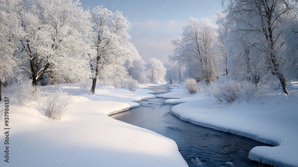 A snowy landscape with a river running through it. The trees are bare and covered in snow, giving the scene a peaceful and serene atmosphere. The water in the river is frozen A snowy landscape with a river running through it. The trees are bare and covered in snow, giving the scene a peaceful and serene atmosphere. The water in the river is frozen