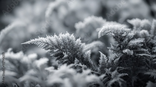 An array of frost structures like frozen ferns grow and spread on the glass Black and white art. photo