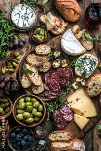 a variety of foods including bread, olives, cheese and meat photo