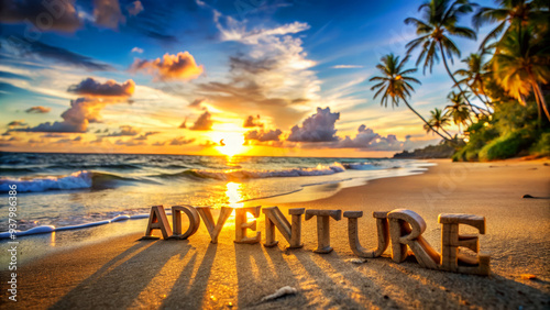 Tropical Sunset Beach Adventure With Wooden Letters photo