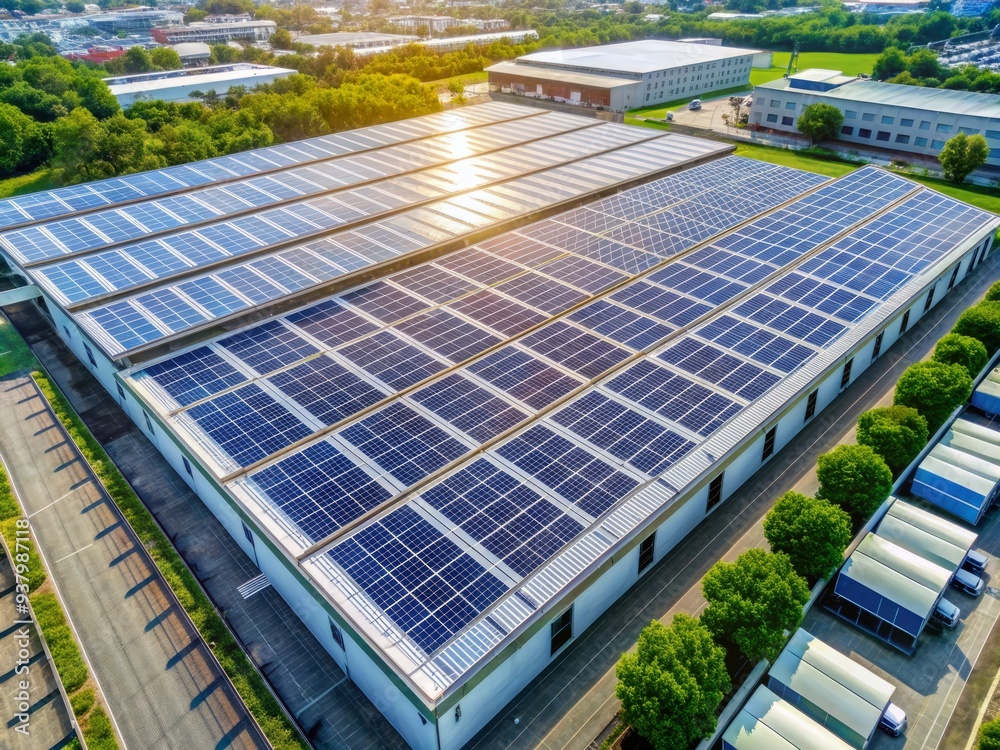 Overhead view of solar panels installed on an industrial warehouse factory roof, generating clean energy and promoting sustainability through renewable solar power technology. Overhead view of solar panels installed on an industrial warehouse factory roof, generating clean energy and promoting sustainability through renewable solar power technology.