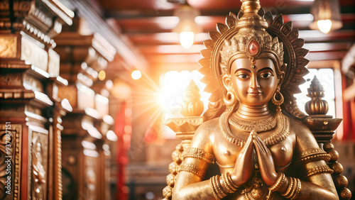 Glowing Deity Statue concept as Mid shot of a deity statue glowing in a soft golden light inside a temple with a glossy finish on the statue enhancing the divine and serene atmosphere perfect for Duss photo