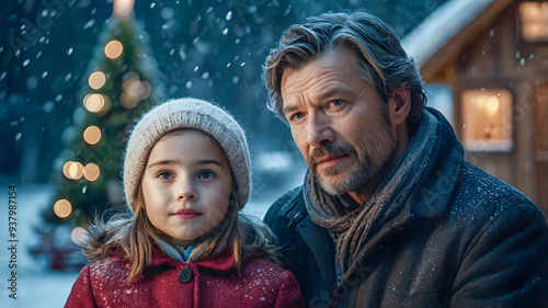 a father and a daughter are posing for a photo in front of a Christmas tree.