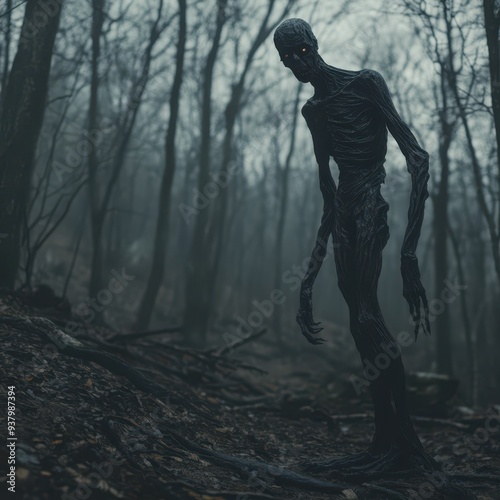 a creepy alien standing in the woods photo