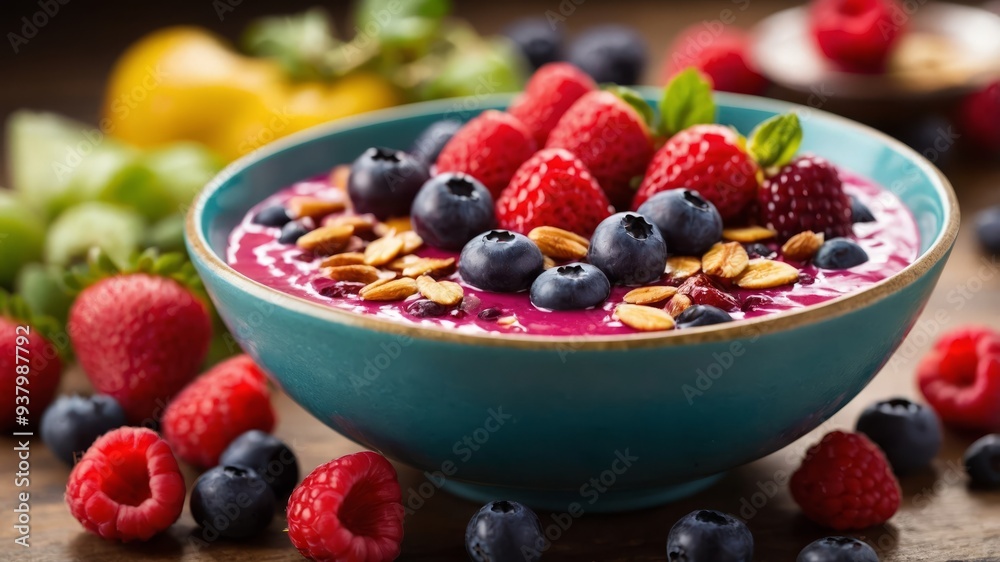 Colorful smoothie bowl topped with fresh berries. Colorful smoothie bowl topped with fresh berries.