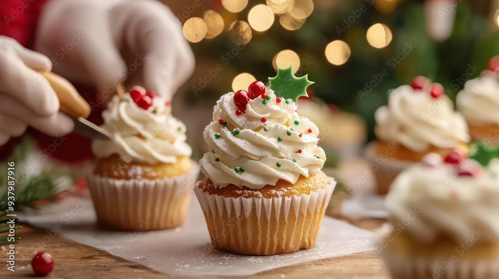 A person is decorating a cupcake with frosting and red berries. The cupcake is topped with a red and green decoration A person is decorating a cupcake with frosting and red berries. The cupcake is topped with a red and green decoration