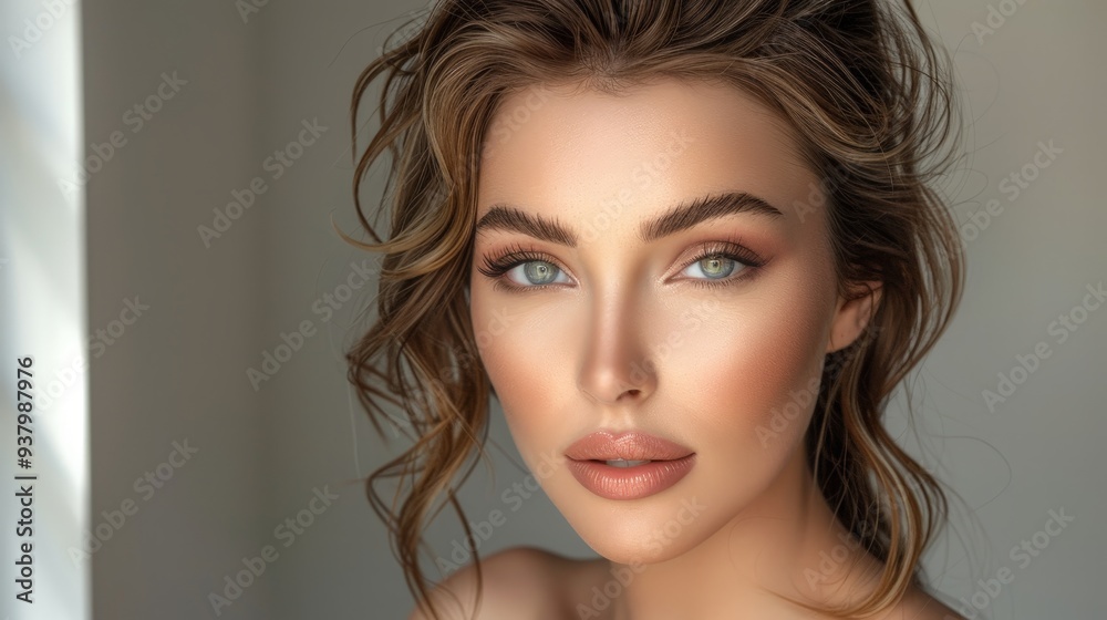 Beautiful model posing for makeup products on solid white background Beautiful model posing for makeup products on solid white background