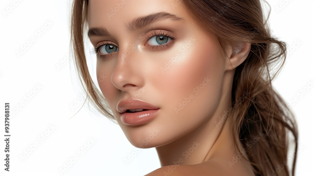 Beautiful model posing for makeup products on solid white background Beautiful model posing for makeup products on solid white background