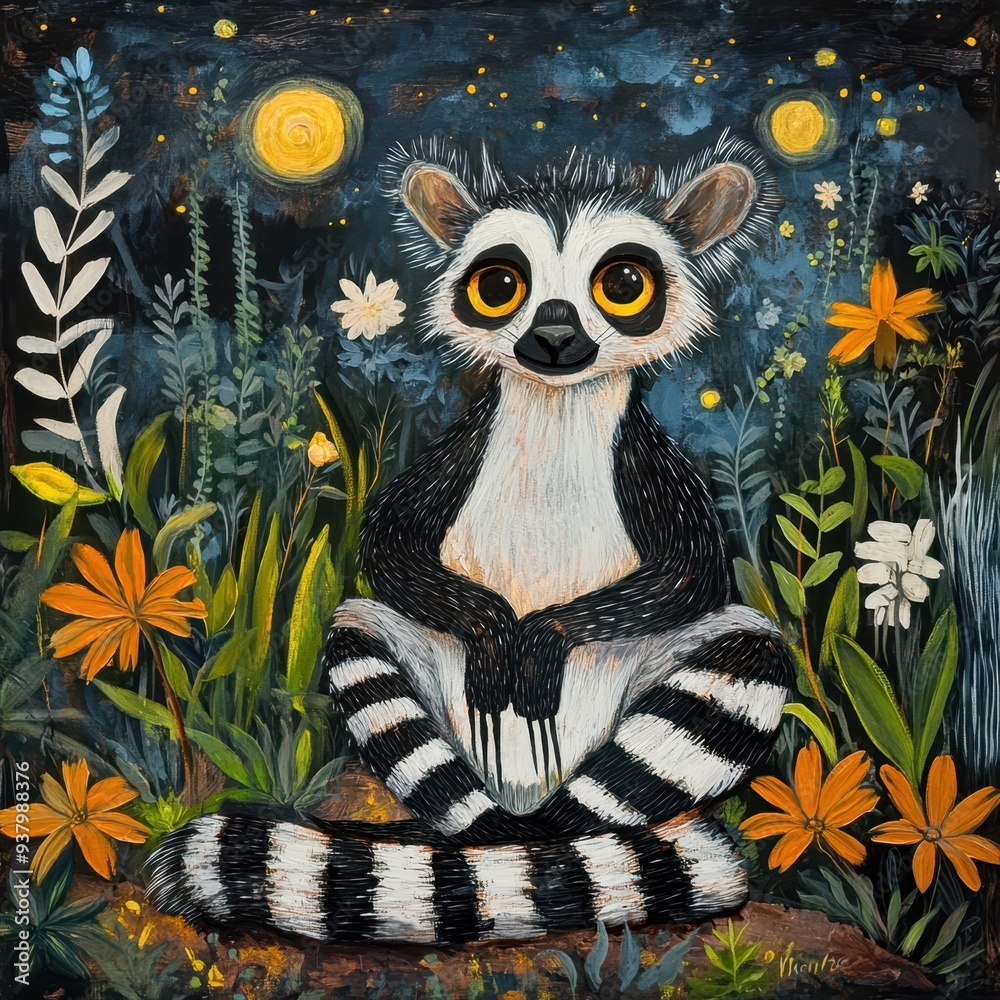 a painting of a lemur sitting in the grass with flowers a painting of a lemur sitting in the grass with flowers