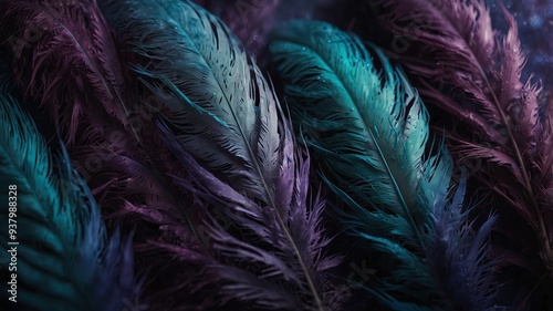 Soft and fluffy background with blue and purple feathers. photo