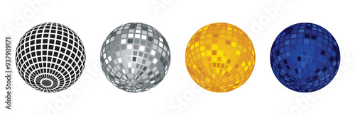 set of disco ball golden silver royal blue on white isolated