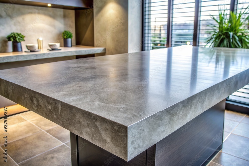 Fototapeta premium Polished modern grey limestone texture serving as a sleek, empty wall or luxury table top, evoking a sense of sophistication and refinement in a contemporary setting.