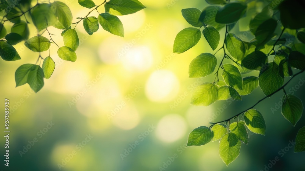 Obraz premium Soft green blurred background with warm sunlight filtering through leaves, creating a peaceful, nature-inspired scene.