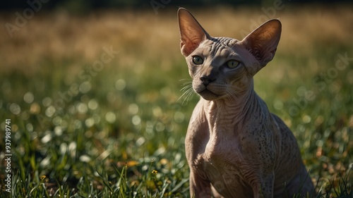 Sphynx cat sitting in a sunny grassy field. photo