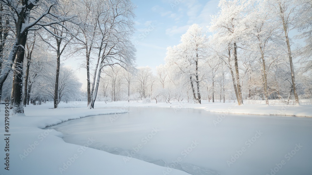 A snowy landscape with a frozen river and trees. The scene is peaceful and serene, with the snow covering the ground and the trees standing tall. The frozen river adds a sense of stillness A snowy landscape with a frozen river and trees. The scene is peaceful and serene, with the snow covering the ground and the trees standing tall. The frozen river adds a sense of stillness