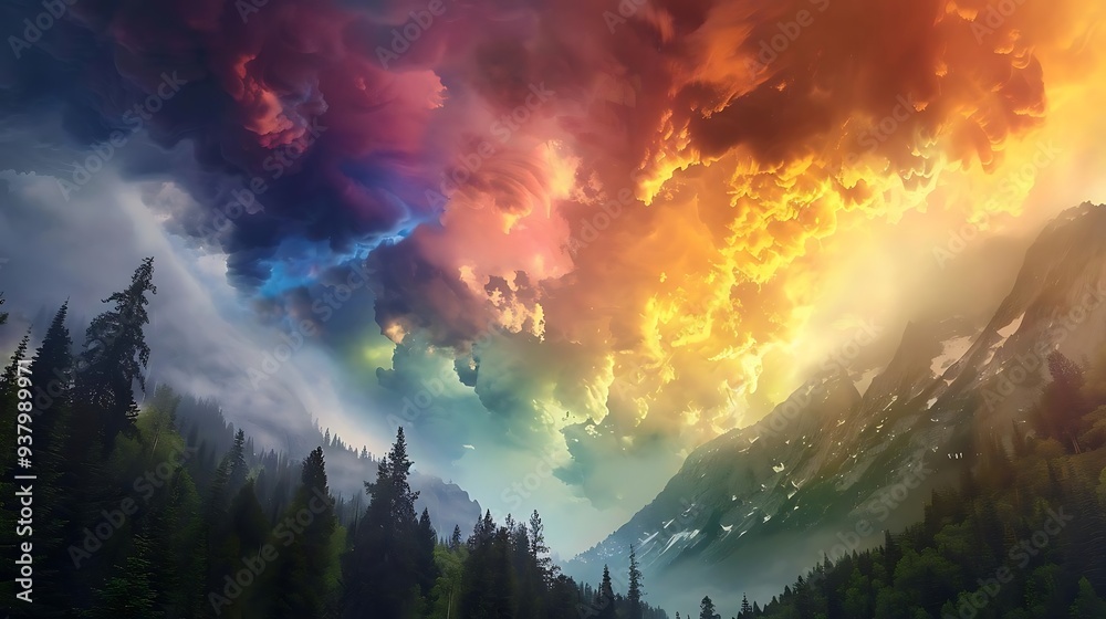 Fototapeta premium A breathtaking landscape featuring vibrant clouds and mountains, showcasing nature's beauty at sunset.