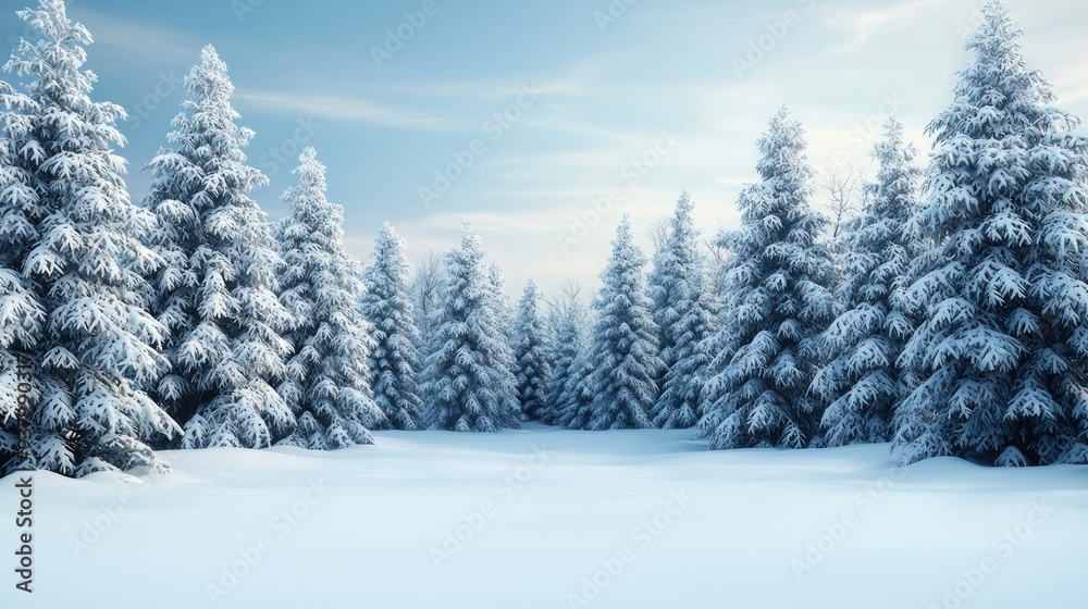 A snowy forest with pine trees. The trees are covered in snow and the sky is clear A snowy forest with pine trees. The trees are covered in snow and the sky is clear
