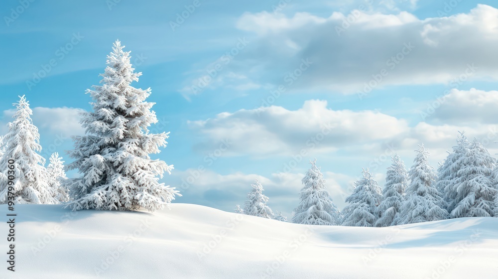 A snowy landscape with a lone white pine tree in the foreground. The sky is clear and blue, with a few clouds scattered throughout. Concept of calm and serenity, as the snow-covered ground A snowy landscape with a lone white pine tree in the foreground. The sky is clear and blue, with a few clouds scattered throughout. Concept of calm and serenity, as the snow-covered ground