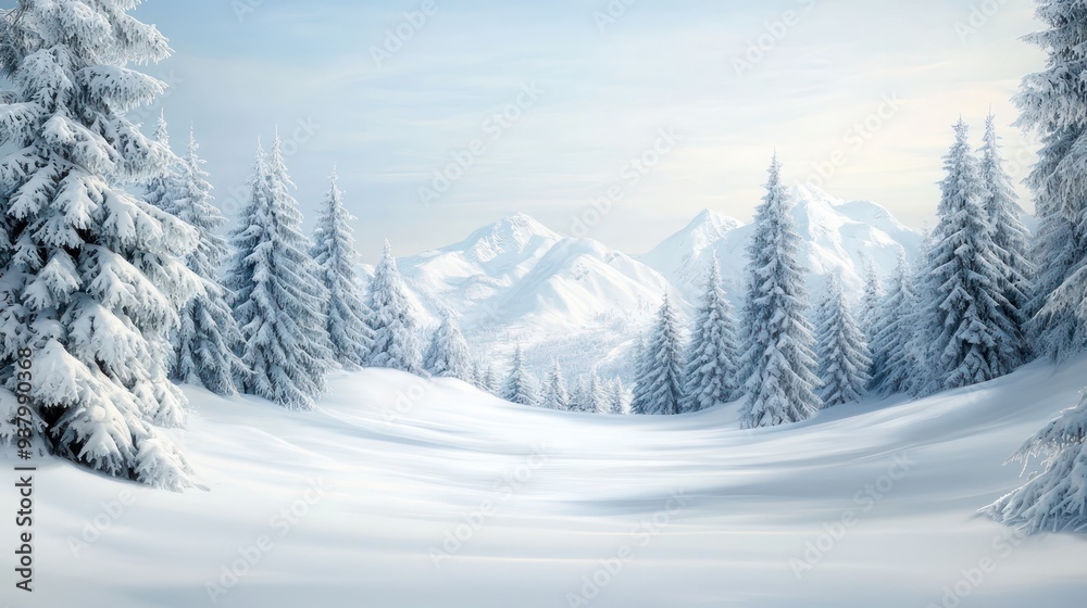 Obraz premium A snowy landscape with a mountain in the background. The trees are bare and covered in snow. The scene is peaceful and serene, with the snow-covered ground and the mountains in the distance