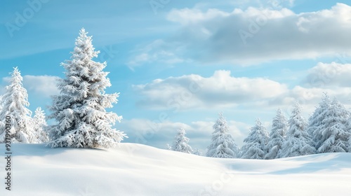 Wallpaper Mural A snowy landscape with a lone white pine tree in the foreground. The sky is clear and blue, with a few clouds scattered throughout. Concept of calm and serenity, as the snow-covered ground Torontodigital.ca