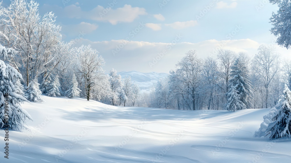 A snowy field with trees in the background. The sky is blue and the snow is white A snowy field with trees in the background. The sky is blue and the snow is white