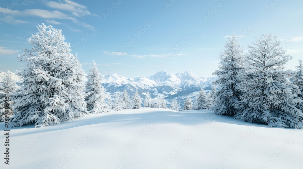 A snowy landscape with a mountain in the background. The trees are bare and covered in snow. The sky is clear and blue A snowy landscape with a mountain in the background. The trees are bare and covered in snow. The sky is clear and blue