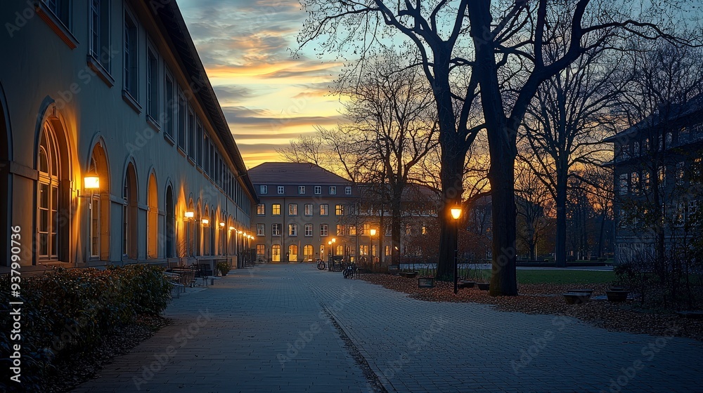 Empty cobblestone pathway under a twilight sky with buildings and trees lining either side. Empty cobblestone pathway under a twilight sky with buildings and trees lining either side.