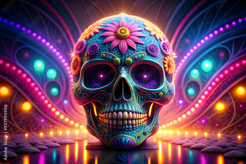 Glowing Sugar Skull with Neon Patterns concept as A digital artwork showcasing a glowing sugar skull with intricate neon patterns swirling around it set against an abstract digital background represen Glowing Sugar Skull with Neon Patterns concept as A digital artwork showcasing a glowing sugar skull with intricate neon patterns swirling around it set against an abstract digital background represen