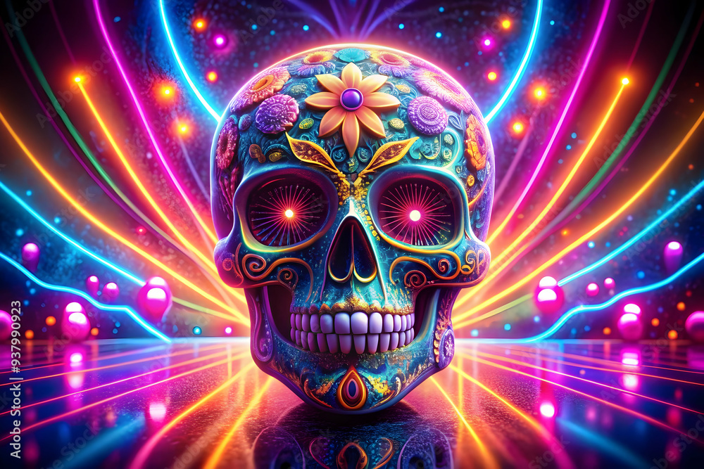 Glowing Sugar Skull with Neon Patterns concept as A digital artwork showcasing a glowing sugar skull with intricate neon patterns swirling around it set against an abstract digital background represen Glowing Sugar Skull with Neon Patterns concept as A digital artwork showcasing a glowing sugar skull with intricate neon patterns swirling around it set against an abstract digital background represen