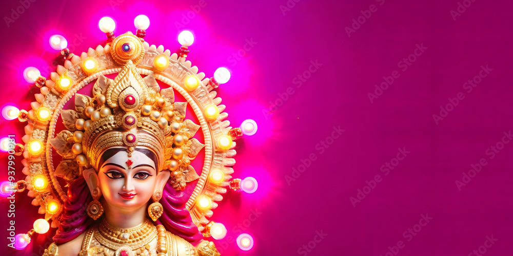Goddess Durga Statue Illuminated concept as Mid shot of a statue of Goddess Durga illuminated with soft glowing lights during Dussehra with a glossy finish on the statue emphasizing the divine and pow Goddess Durga Statue Illuminated concept as Mid shot of a statue of Goddess Durga illuminated with soft glowing lights during Dussehra with a glossy finish on the statue emphasizing the divine and pow