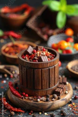 A wooden bowl filled with chocolate and red peppers photo