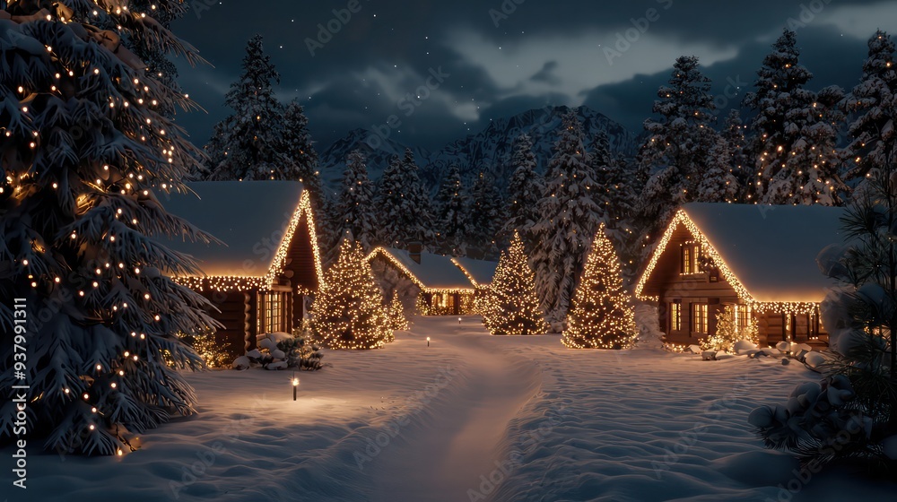 Fototapeta premium A small village with houses and trees covered in lights. Scene is warm and cozy, perfect for the holiday season