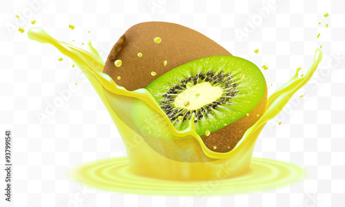 Fresh ripe exotic kiwi falls into a splash of juice, isolated .on white background. Realistic 3d vector illustration. Summer tropical vitamin food or drink. Kiwi smoothie splash, vitamin cocktail