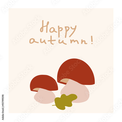 Two whimsical mushrooms with red caps and a leaf, celebrating the arrival of autumn in a warm, inviting design