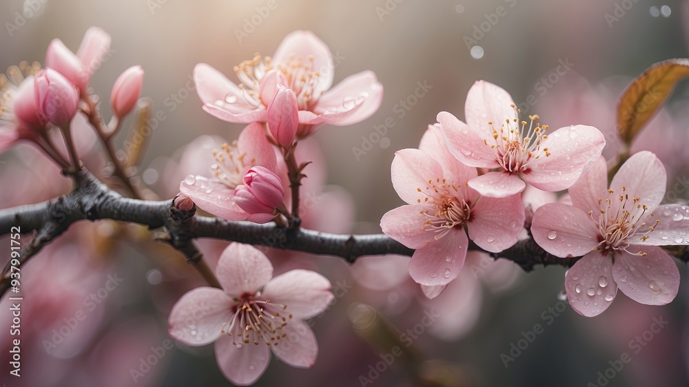 Fototapeta premium Pink blossoms adorned with dew in a tranquil spring garden artwork.
