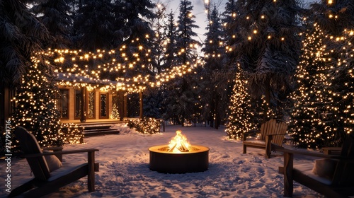 A cozy Christmas scene with a fire pit and a few chairs. The lights are hanging from the trees and the chairs are arranged around the fire pit
