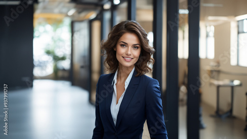 A stunning portrait of a mature brunette businesswoman with a warm smile. Her healthy skin and flawless makeup highlight her natural beauty