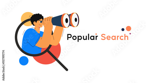 Illustration of a simple character using binoculars with the concept of popular searches on online websites, trending topics. Trending Keywords in Search. someone is looking for a trending topic
