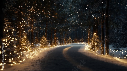 A road is lit up with Christmas lights, creating a festive and magical atmosphere. The lights are scattered throughout the scene, illuminating the snow-covered ground and the trees lining the road