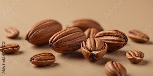 Pecan nut on beige background, studio shot. photo