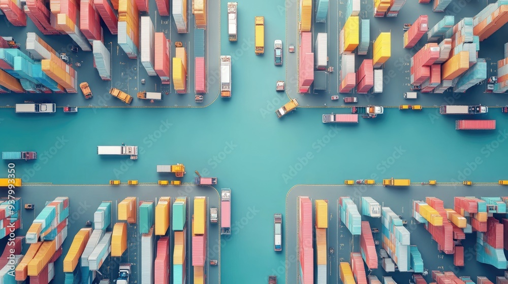 Obraz premium 3D rendering, top view, logistics network, import-export, pastel color and flat design for trade