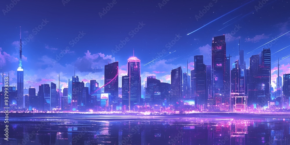 Obraz premium Anime-Inspired Cityscape at Night: Vibrant Autumn Urban Skyline with Glowing Skyscrapers Mirrored in River. Dreamy Cosmic Background with Twinkling Stars and Nebula in Rich Blues and Purples. AI-Gener