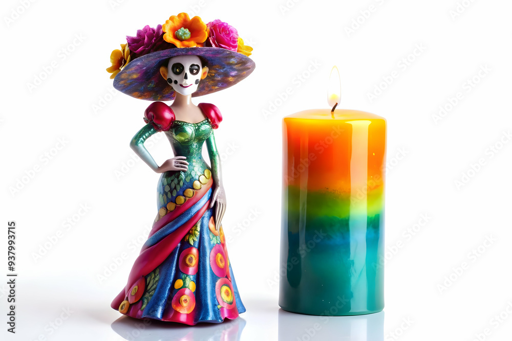Holographic Catrina Figure and Glossy Candle concept as Wide shot of a holographic Catrina figure standing beside a glossy candle isolated on a white background offering a striking Dia de Muertos them Holographic Catrina Figure and Glossy Candle concept as Wide shot of a holographic Catrina figure standing beside a glossy candle isolated on a white background offering a striking Dia de Muertos them