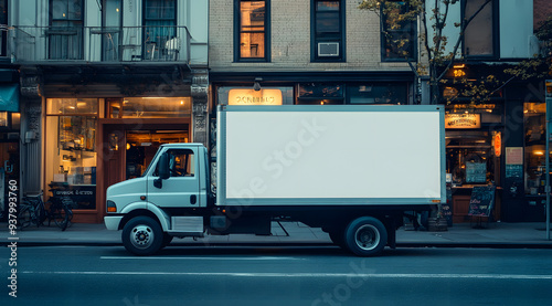 "White Truck Parked on Street in Foggy City, Driverless Vehicle in Urban Environment"