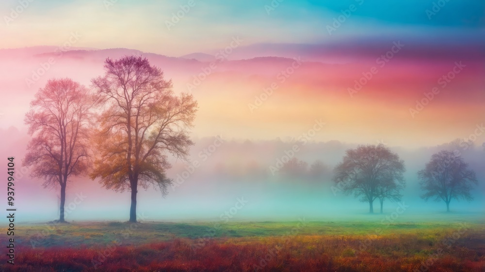 The landscape is shrouded in a thick colorful mist giving it a mystical and dreamy appearance. The landscape is shrouded in a thick colorful mist giving it a mystical and dreamy appearance.