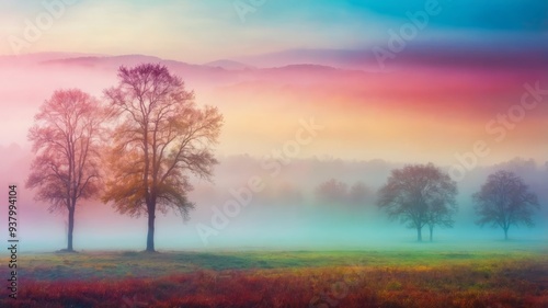 The landscape is shrouded in a thick colorful mist giving it a mystical and dreamy appearance.