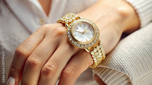 A Close-Up Of A Right Hand Adorned With A Fashionable Gold Ring And An Elegant White Watch. photo