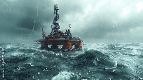 An offshore oil rig stands amidst stormy seas and dark clouds, showcasing industrial resilience against nature.